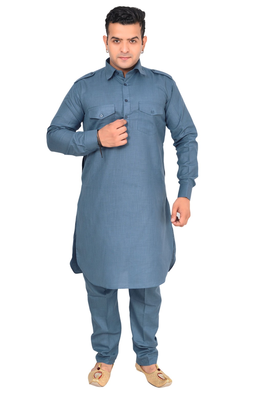Men's Punjabi Style Shirt Collar Cotton Kurta Straight Pajama Set ...