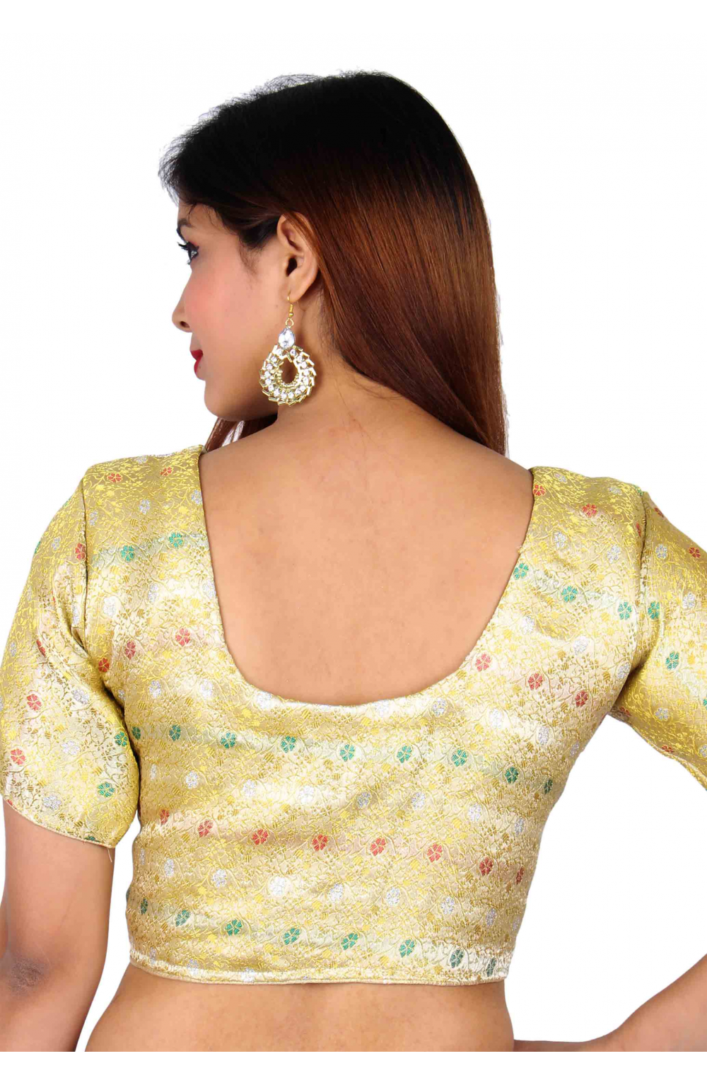 Light Gold Indian Ready Made Saree Blouse In Brocade Fabric Top Choli Ideal Contrast Match